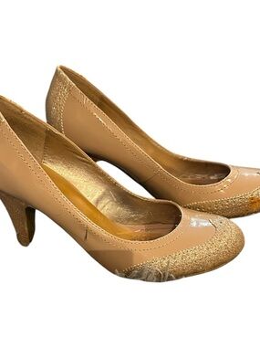 Pink & Pepper Nude Patent Pumps with Gold Glitter Cap Toe